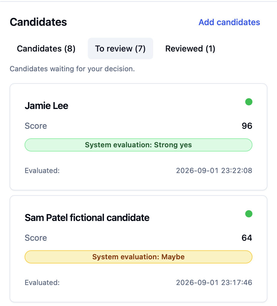 Candidate review queue with fictional applicants Jamie Lee and Sam Patel in CandidTalentEdge.