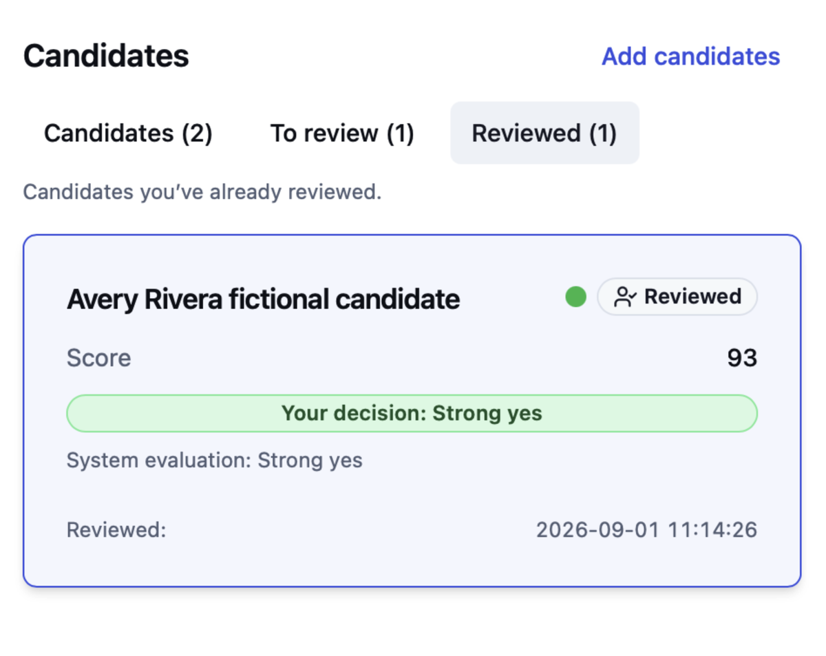 Reviewed candidate card for fictional applicant Avery Rivera in CandidTalentEdge.