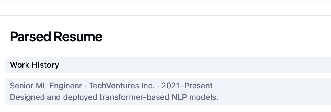 Highlighted parsed work history for fictional applicant Avery Rivera in CandidTalentEdge.