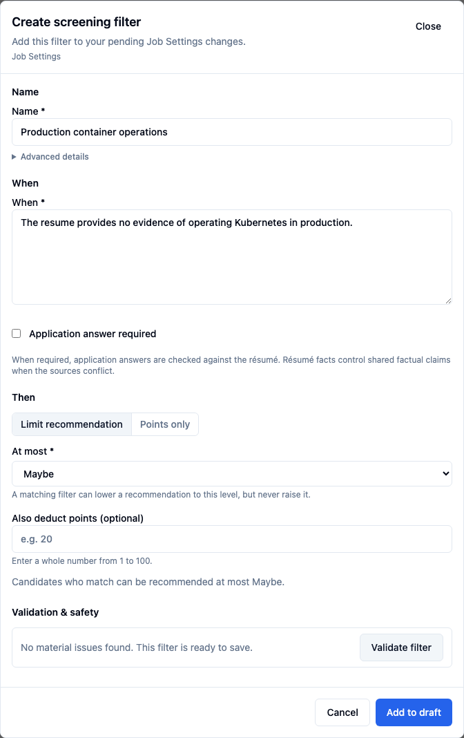 Create screening filter: the Kubernetes condition, Maybe recommendation limit, validation result and Add to draft control.
