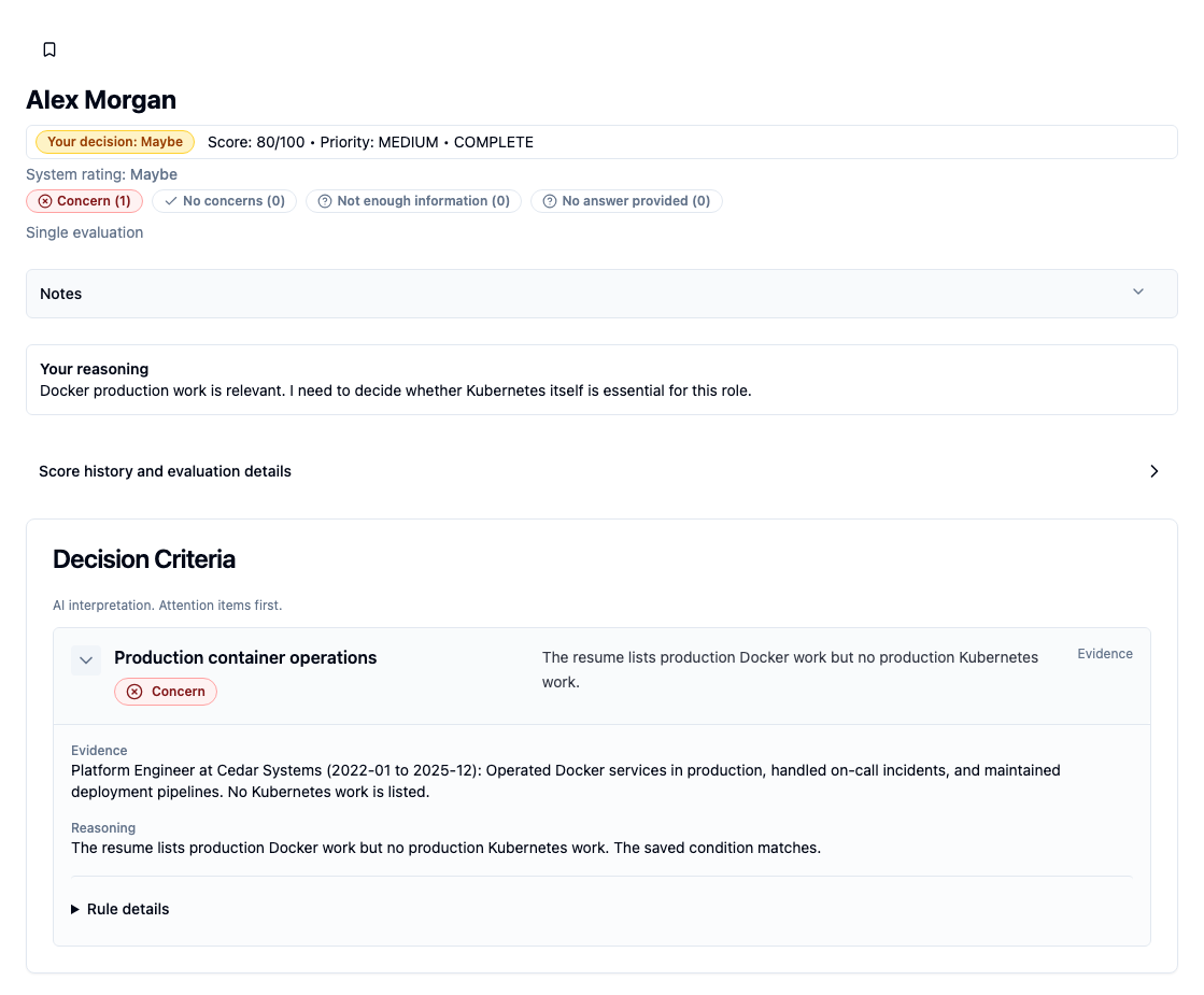 Expanded criterion evidence shows production Docker experience and no Kubernetes work; the system rating is Maybe and the score remains 80.