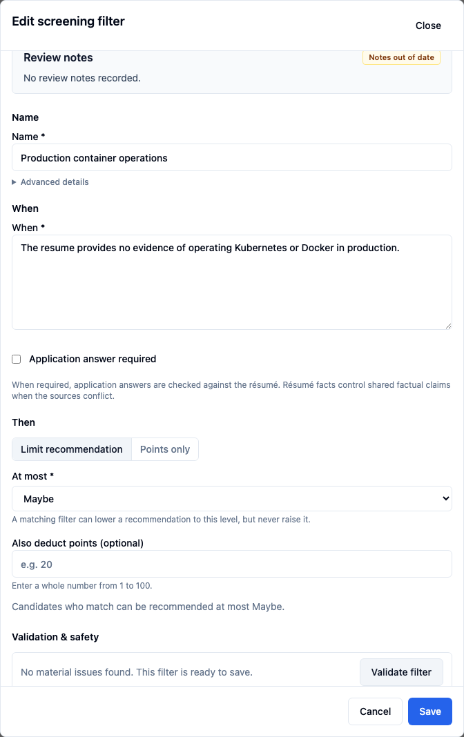 Edit screening filter now includes Kubernetes or Docker; the Maybe limit is unchanged.